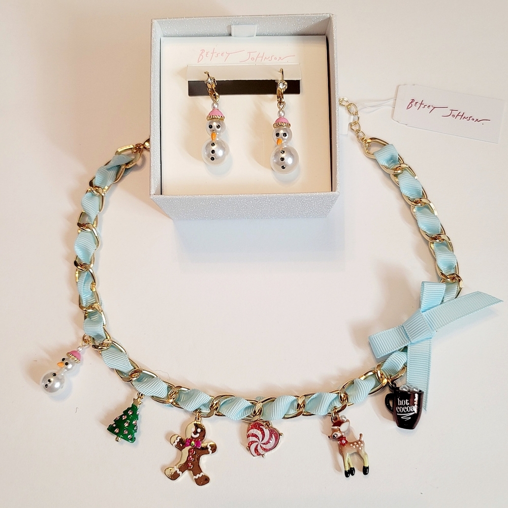 Betsey Johnson Christmas Charm Necklace AND Snowman Earrings - Picture 11 of 14